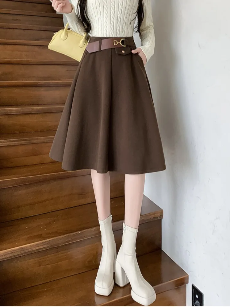 Caramel Woolen A-Line  Skirt Women's High Waist Autumn Winter Hepburn Sle Umbrella Skirt Small Size Versatile Mid-Lengt...