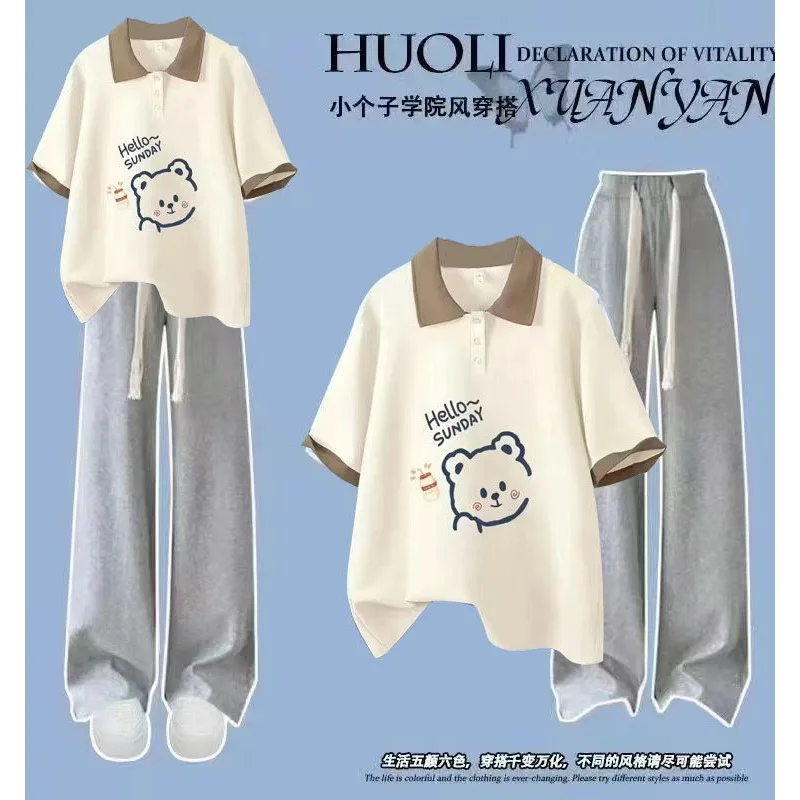 Summer girls' short sleeved polo collar T-shirt+fashionable wide leg pants two-piece set