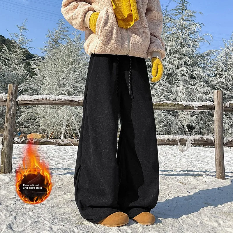 

Широкие брюки на подкладке American Sle Fce, мужские зимние свободные повседневные брюки, удобные теплые прямые брюки