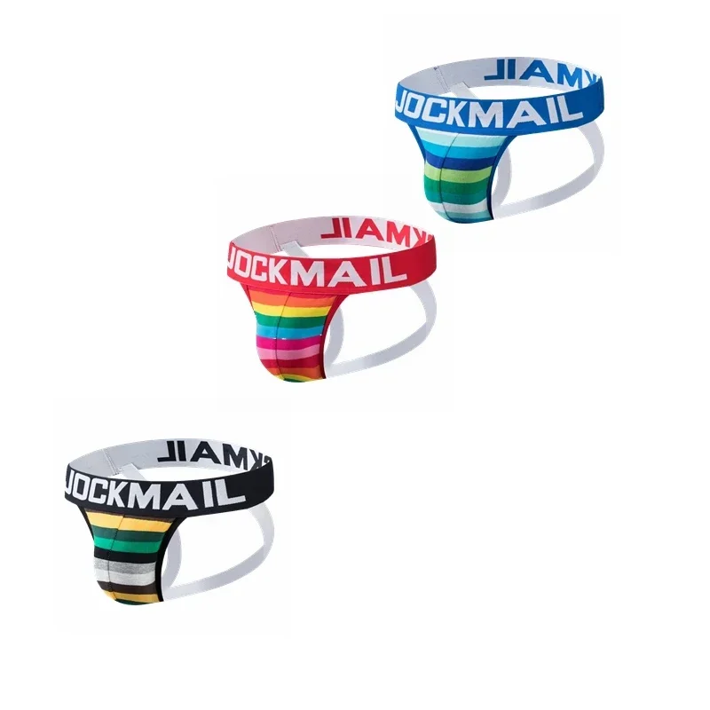 

3pcs/Lot Sexy Men Underwear Jockstrap Brief Underpants Rainbow Stripes Gay Underwear Slip Tanga String Thong Breathable Cotton