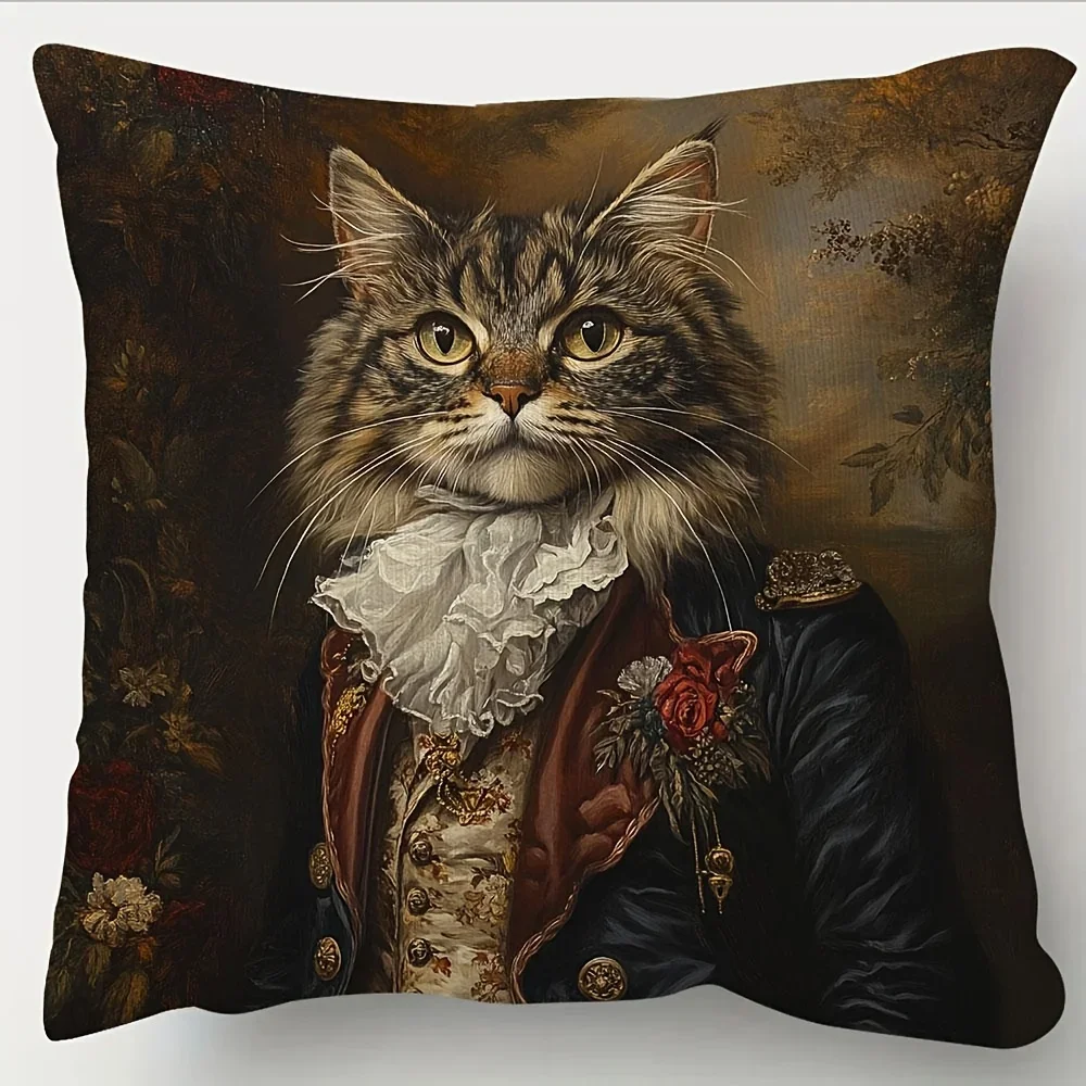 1Pc Vintage Noble Cat Cushion Cover Brown Classical Portrait Pillowcase For Sofa Bedroom Home Decor Soft Comfortable Square Case