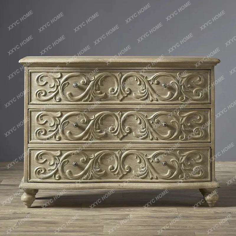 

L solid wood carving flower three bucket cabinet retro drawer storage bedroom living room wall storage cabinet