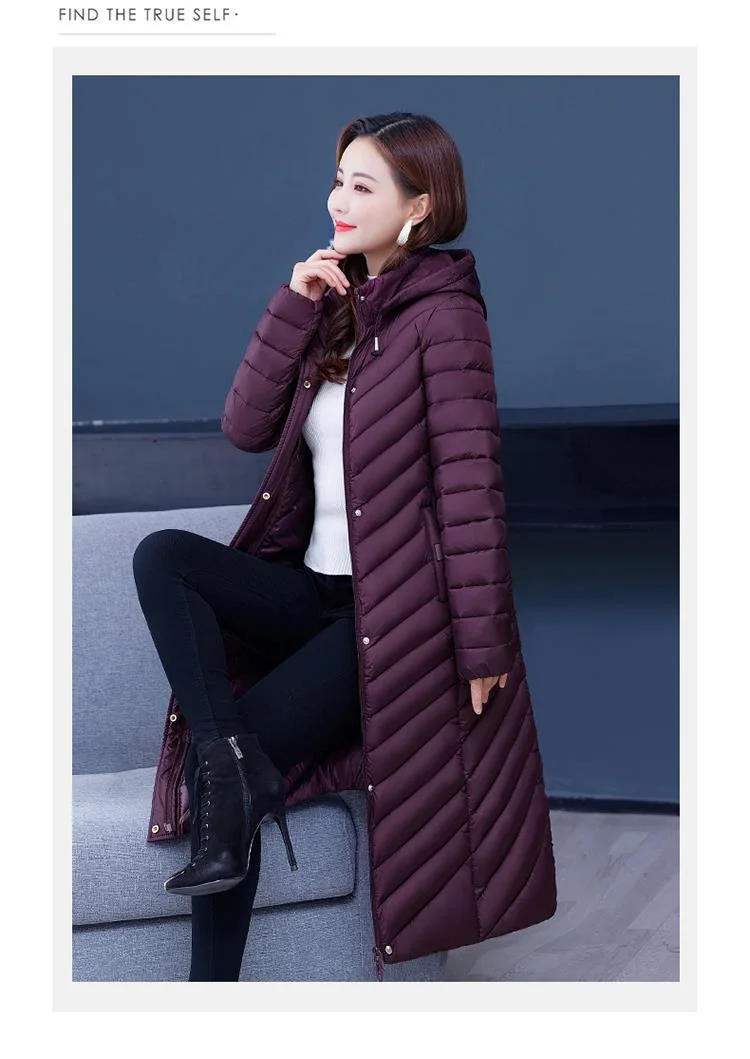 NEW Middle-aged Womens Down Cotton Coat Winter Long Warm Quilted Cotton Jacket Female Casual Hooded Parka Overcoat Purple 5XL