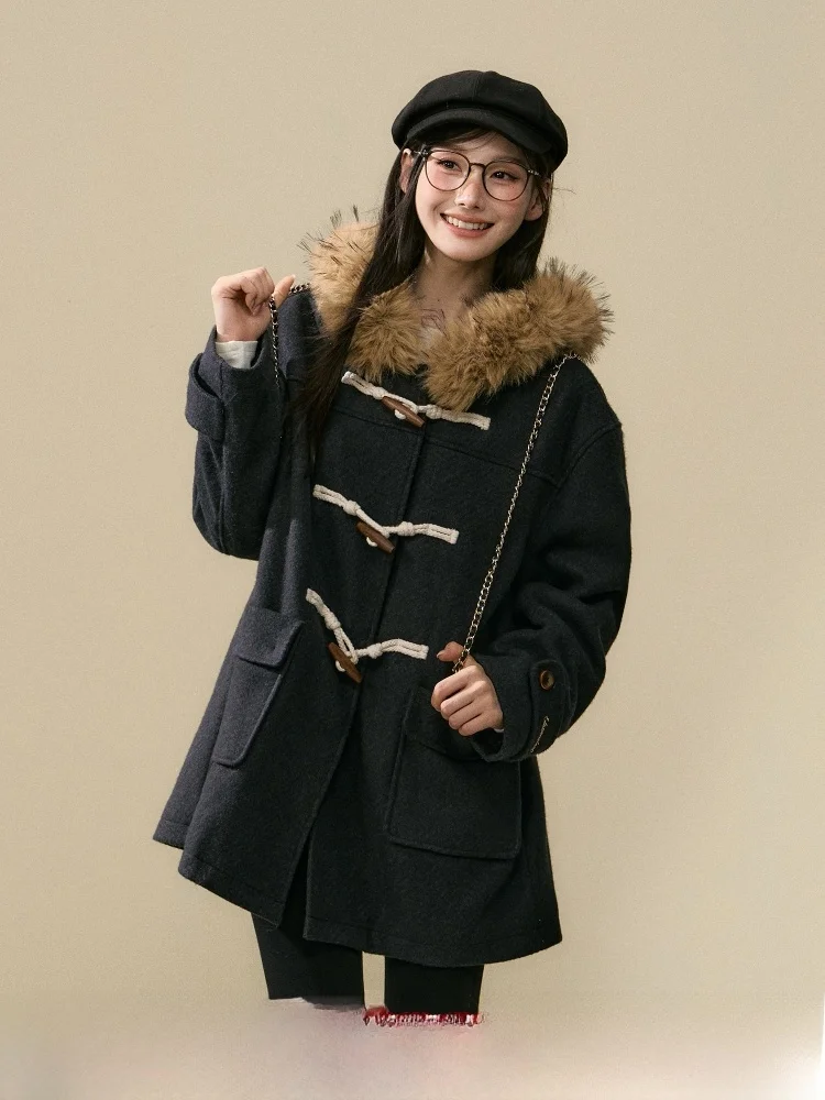 

Корейское утепленное шерстяное пальто с капюшоном ELEVEN SP, женское длинное пальто с длинными рукавами, теплое, из полиэстера, с несъемным воротником