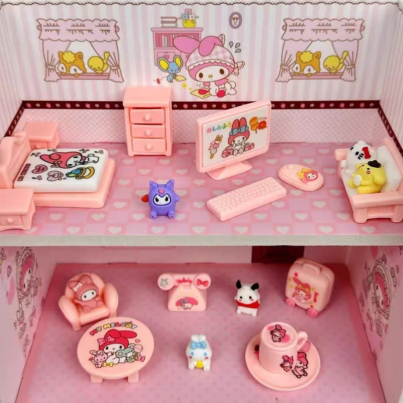 New Sanrio Home Series Mini Dollhouse Toys Small Hand Figurines Such My Melody Kuromi Pudding Dog Cinnamoroll Children Gifts