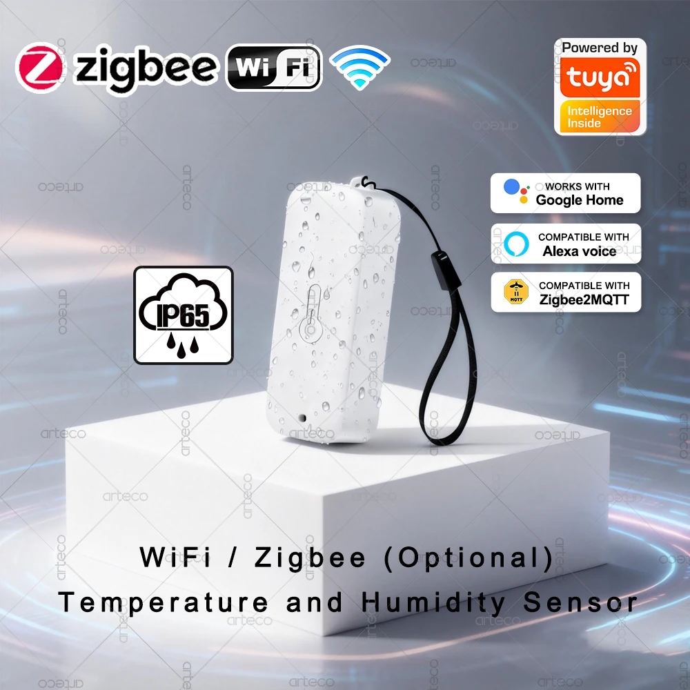 

Датчик температуры и влажности Tuya WiFi/Zigbee, IP65, водонепроницаемый, уличный гигрометр, термометр, работает с Alexa, Google Assistant, Z2M