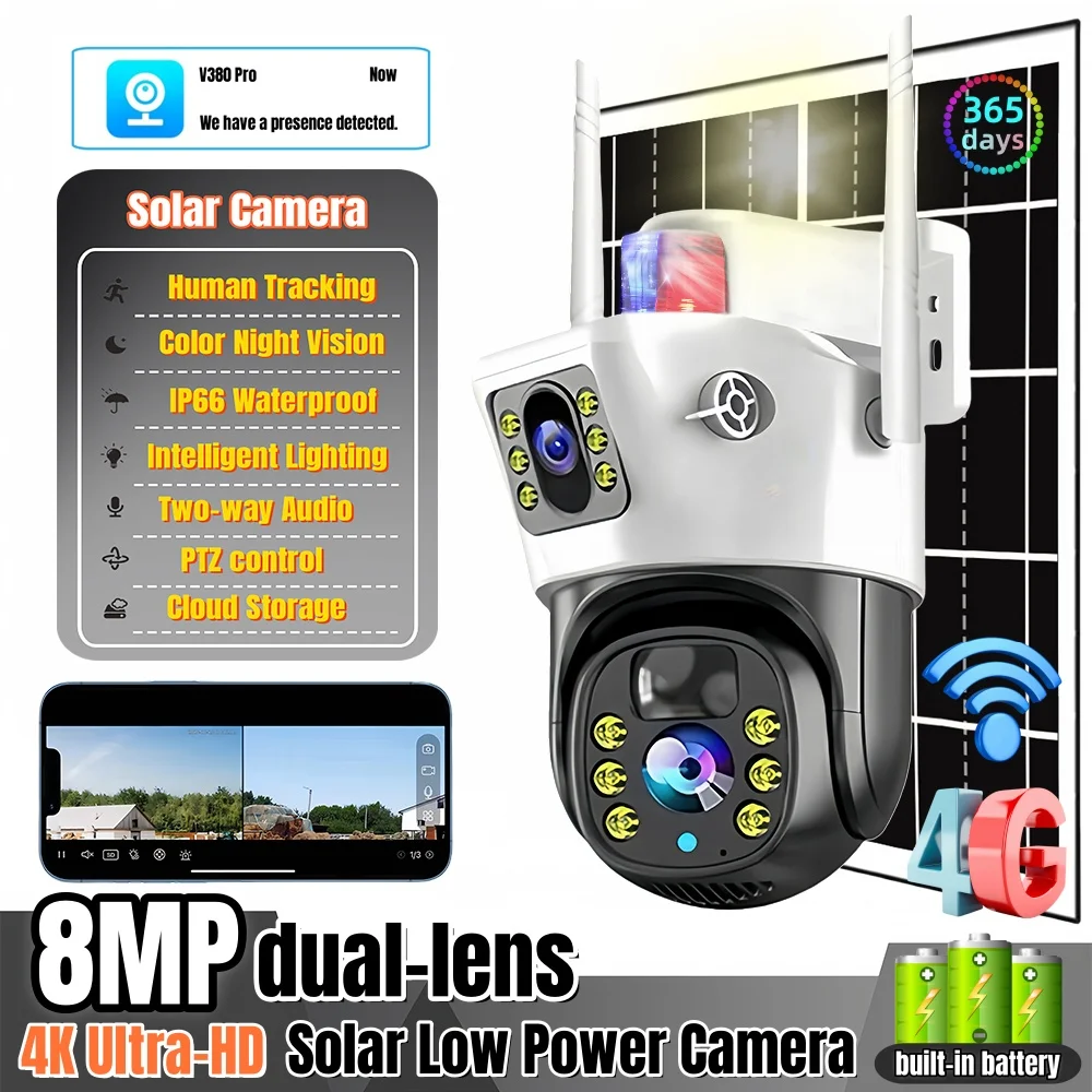 V380Pro Solar Camera 4G SIM Card Wifi IP Wireless CCTV HD Dual Lens Surveillance Camera Night Vision PIR Home Care Pet Monitor