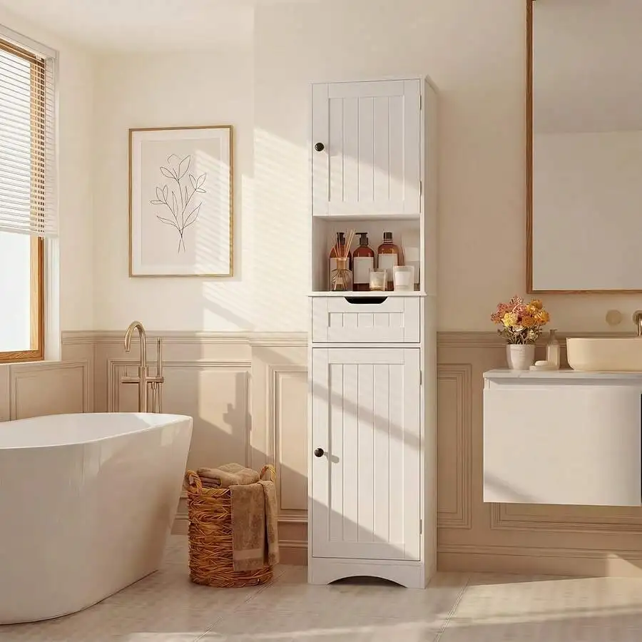 Tall Bathroom Cabinet,Storage Cabinet With 5 Shelves & 1 Drawer, With Adjustable Shelve, For Bathroom, Kitchen, Entryway, Living