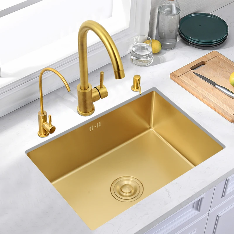 

Gold 304 Stainless Steel Kitchen Sink Nano Handmade Single Bowel Basin Kitchen Sink Embedded Bar Basin Sinks 1.2 Mm Thickness