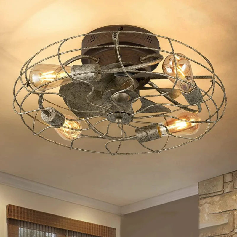 50cm Cage Ceiling Fans with Lights Remote, Quiet Reversible Motor Flush Mount Small Industrial Ceiling Fan Lamp Black