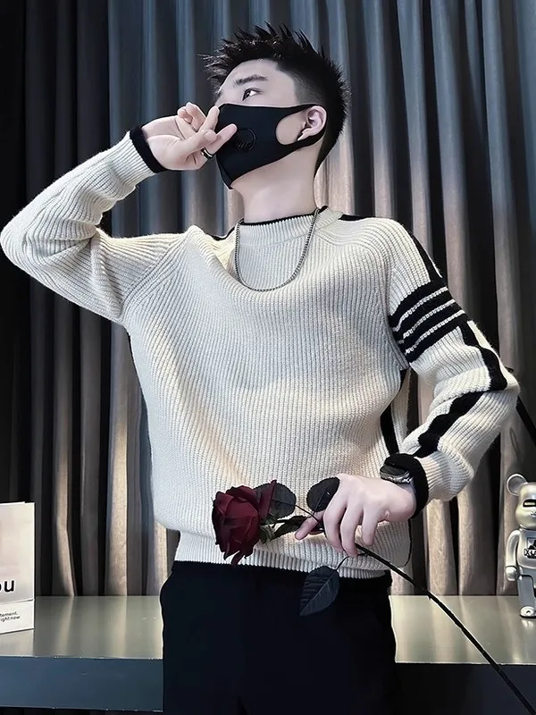 

Мужской осенне-зимний трикотажный джемпер с круглым вырезом, в полоску, с цветными вставками, модный, повседневный, свободного кроя, с длинным рукавом