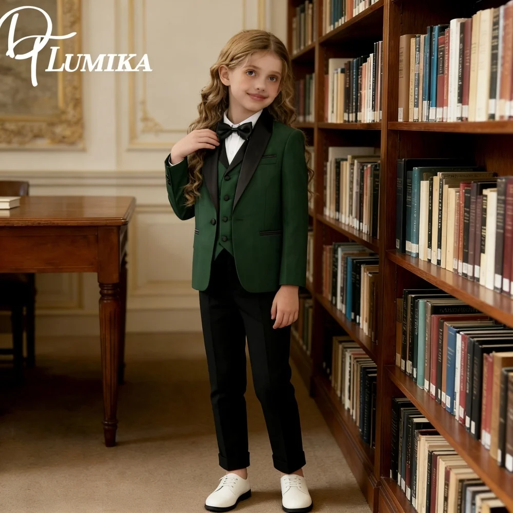 

Быстрая доставка, зеленый элегантный комплект из 4 предметов для девочек, смокинг, куртка, жилет, брюки, галстук-бабочка, торжественное платье для свадебных выступлений