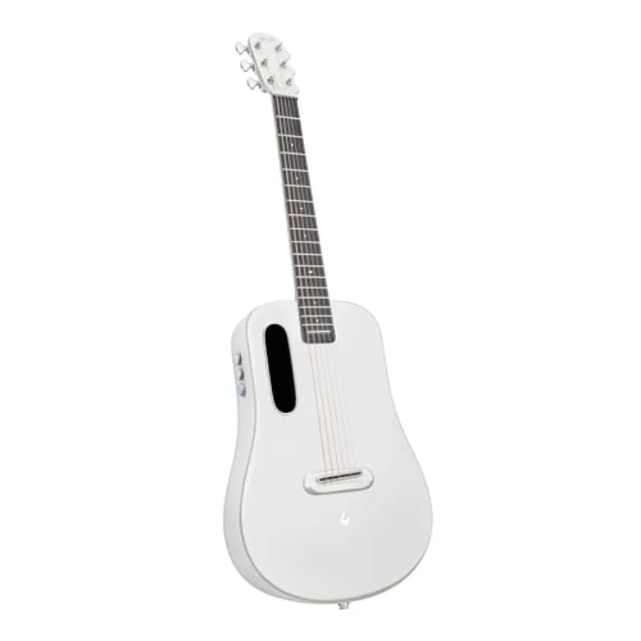 

Travel guitar for beginners: carbon fiber electric-acoustic with onboard effects, magnetic pickup, silver finish