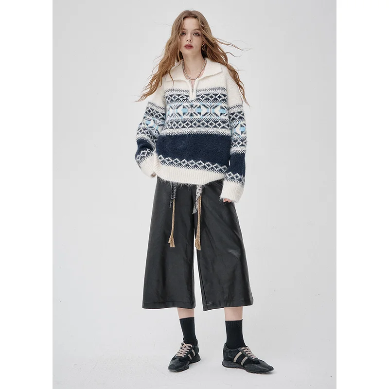 ELFSACK 2025, новые зимние поступления, широкие брюки из искусственной кожи с высокой талией для женщин