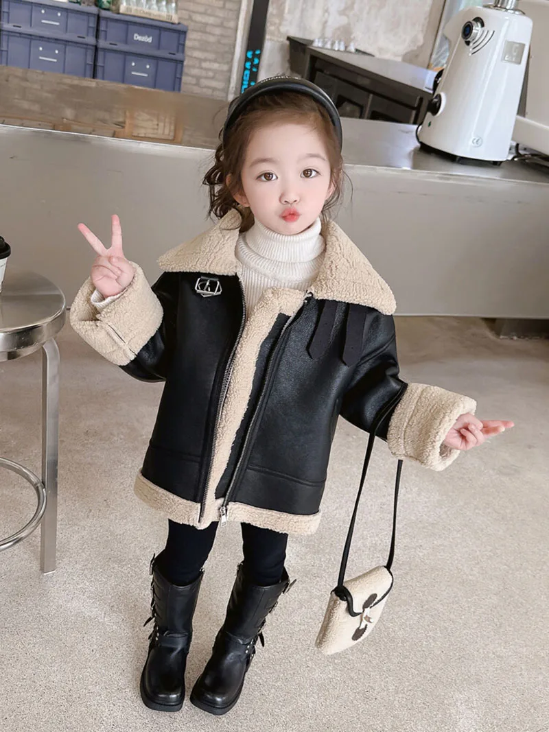 MILANCEL New Winter Kids Fleece Padded Coat Children Thicking Solid Color Jacket With Bag Girls Fashion Tops