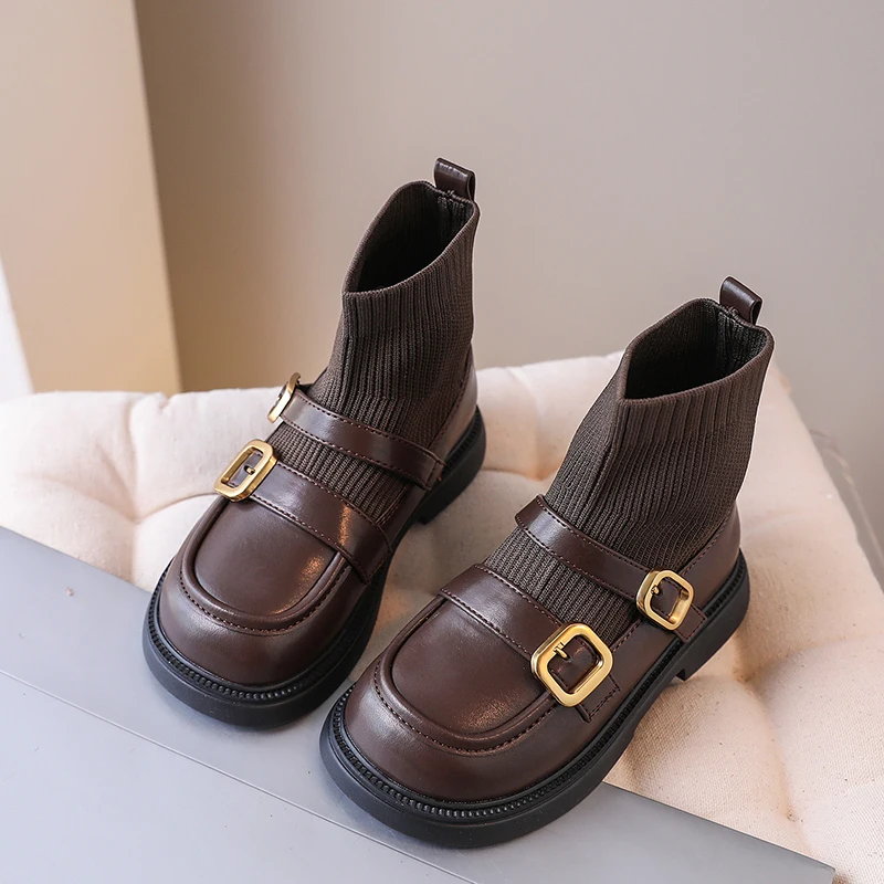 Botas de cuero con costuras tejidas voladoras para niñas, botas de princesa, botas de suela suave de cuero para niños, botas de calcetines Chelsea para niños, moda