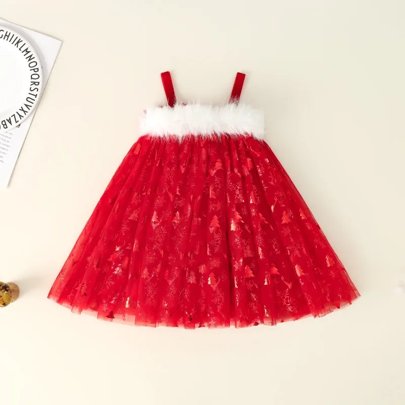 

Christmas Children's Clothing: Rough-edge Sleeveless Suspender Dresses, Mesh Princess Dresses Festive Picks That Make Kids Cute