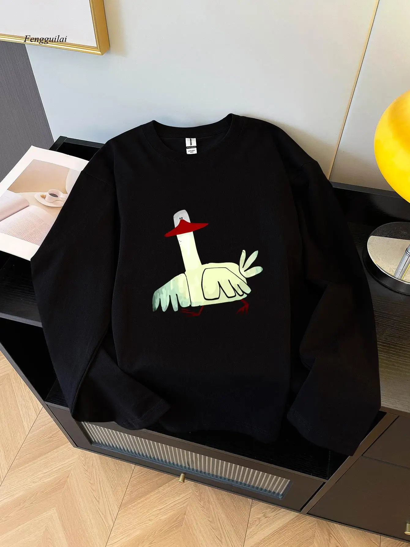 Long Sleeve T-Shirt with Novelty & Quirky Print - Casual Round Neck Winter Fall Top, Random Unique Patterns Machine Washable