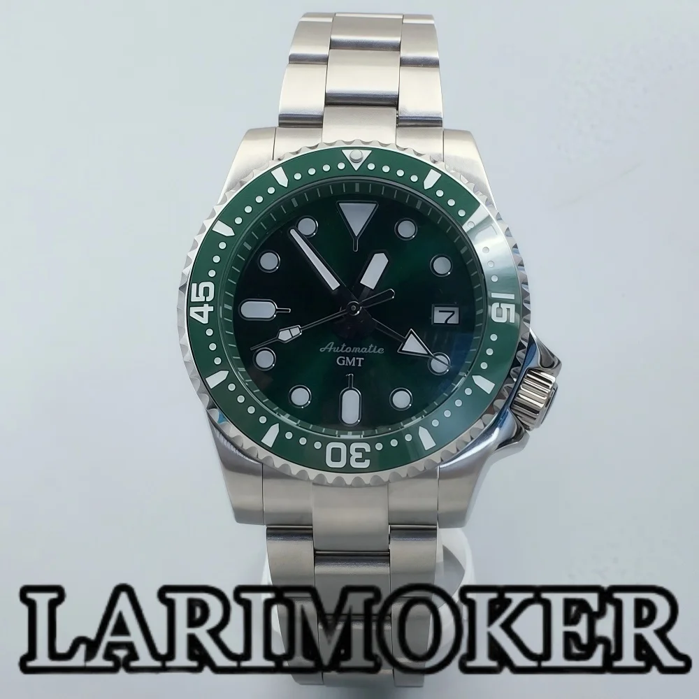

LARIMOKER 40 мм GMT мужские автоматические механические часы NH34 зеленый циферблат дата светящийся купол сапфировое стекло часы для дайвинга