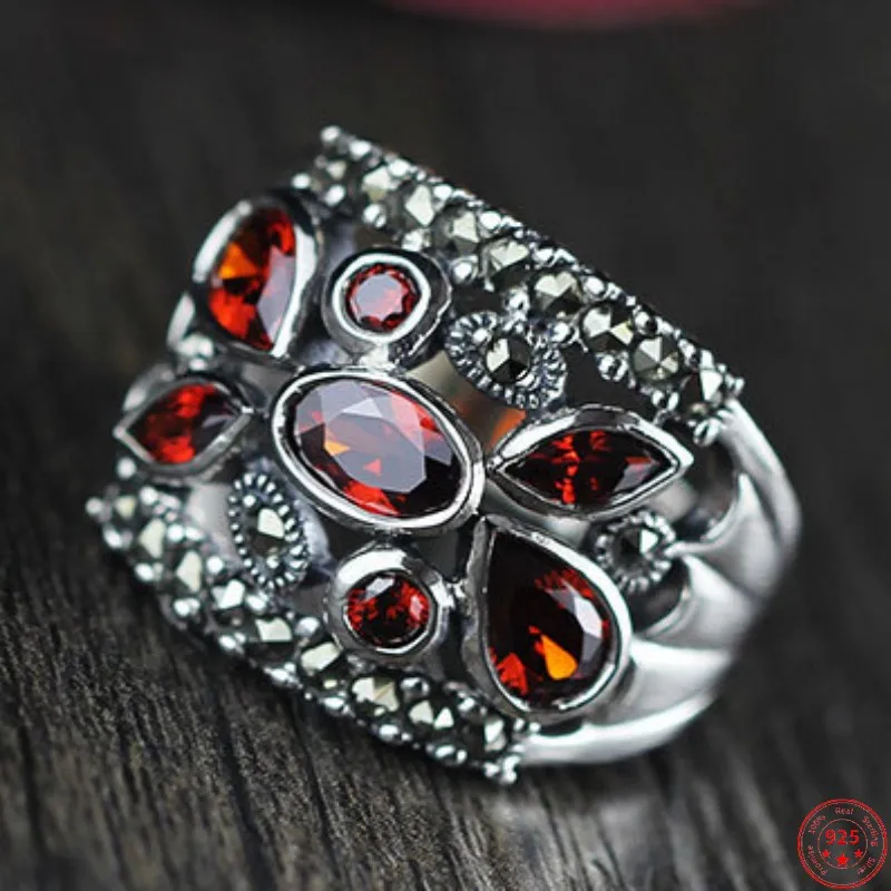 S925 Sterling Silver Rings for Women New Fashion Hollow Pattern Garnet Green Crystal Marcasite Pure Argentum Hand Jewelry