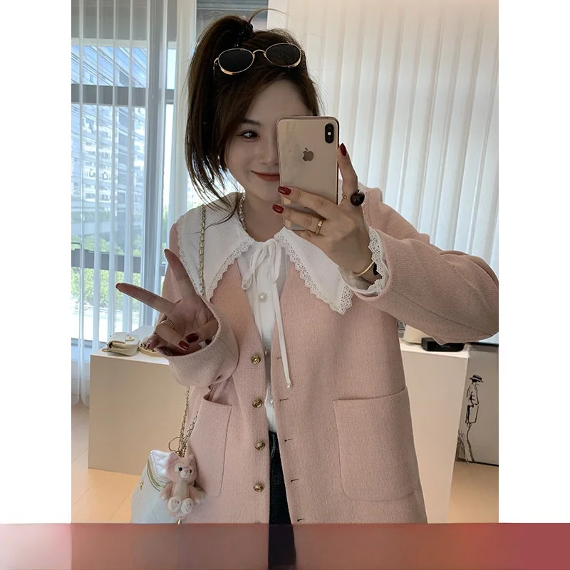 

Gabrielle V-Ne Little Bla Jaet Faionable Autumn Top Women's Loose Fit Long Sve Casual Sle Pure Color irt