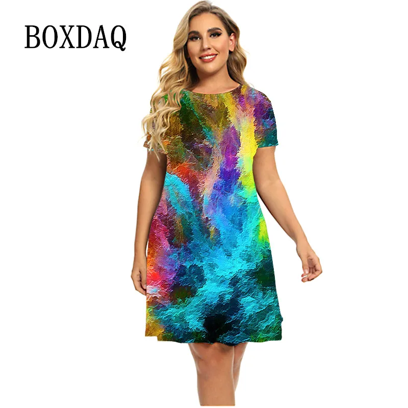 Women Rainbow Speckle Ink Dress Summer Short Sleeve Tie Dye Gradient Loose Dress Oversized O-Neck Ladies Plus Size Dress 5XL 6XL