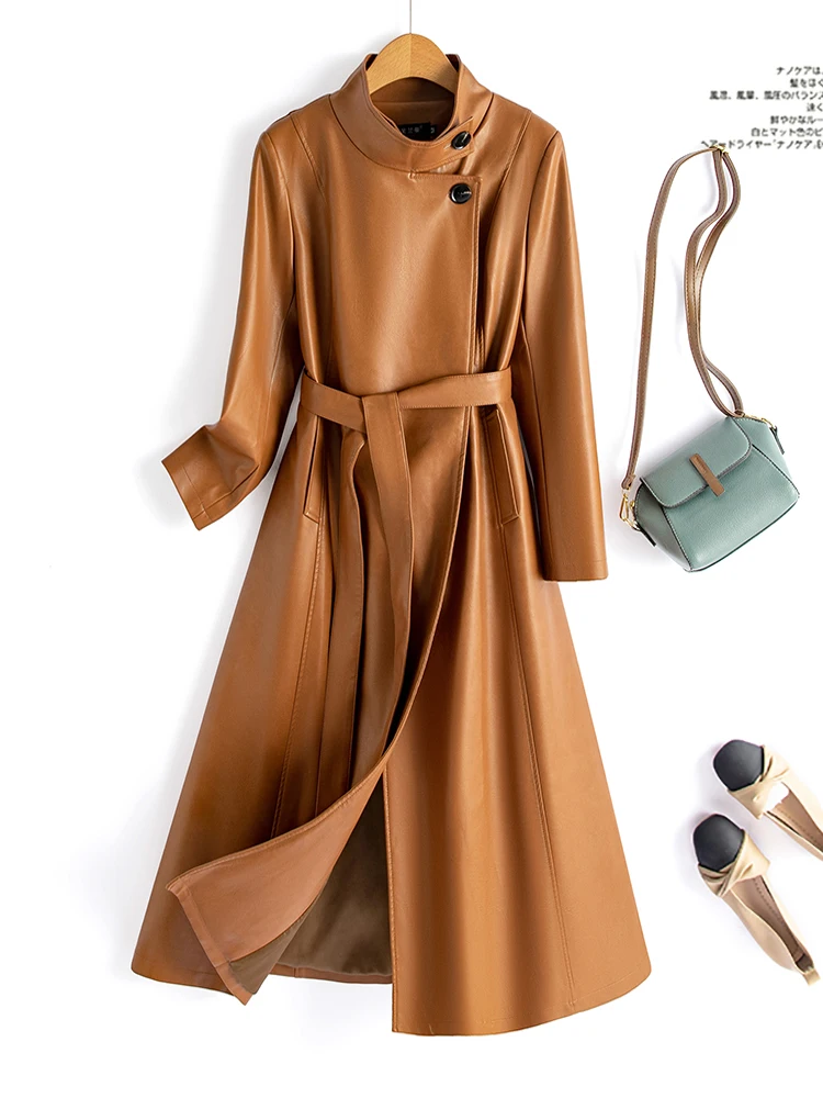 Manteau en cuir d'agneau véritable mi-long et ajusté pour femme, coupe-vent élégant, tendance mode 2024