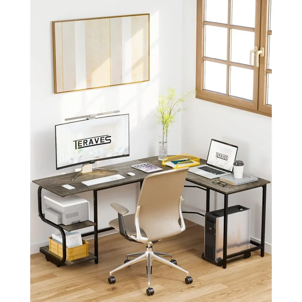 L Shaped Desk with Large Surface, 61 Inch Sturdy Corner Desk with Storage Shelves, Premium Office Computer Desk Workstation