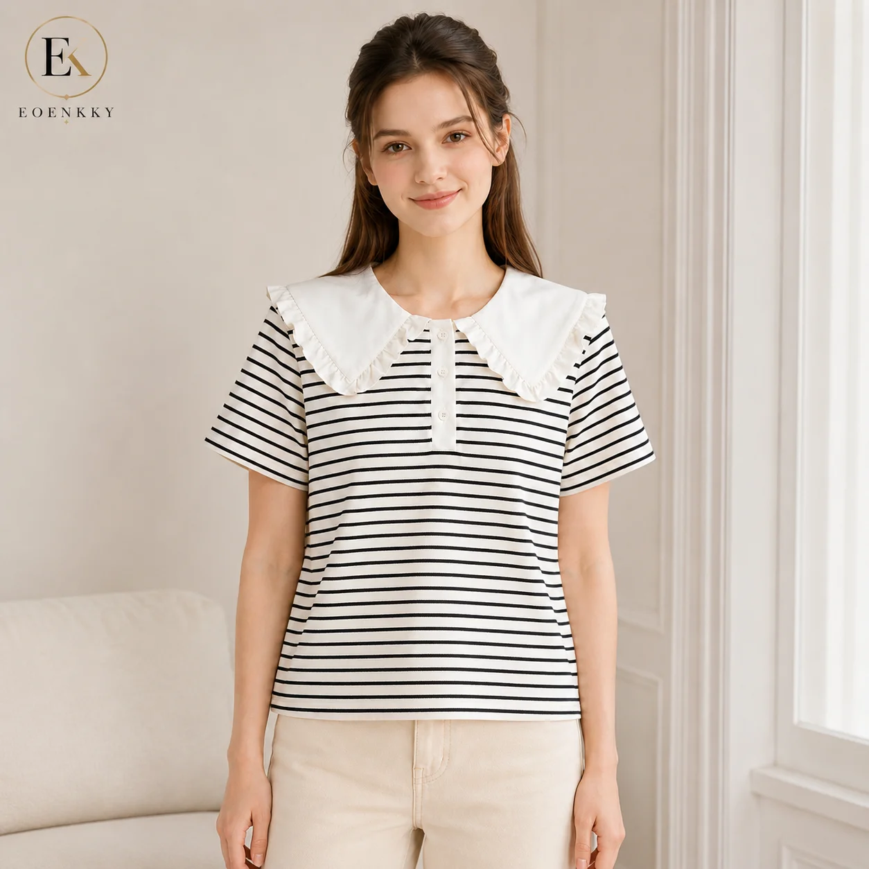 EOENKKY Women Striped T Shirt Ruffle Peter Pan Collar Short Sleeve Button Placket Loose Fit Preppy Casual Summer Top S-XL