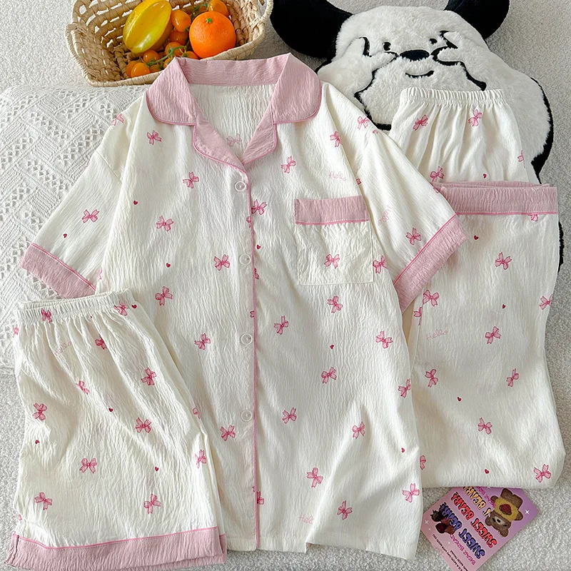 

New Arrival: Girlish Charm Cotton Summer Pyjamas for Women Sweet Bow Short-Sleeved Fashion Pyjamas Three-Piece Homewear Set