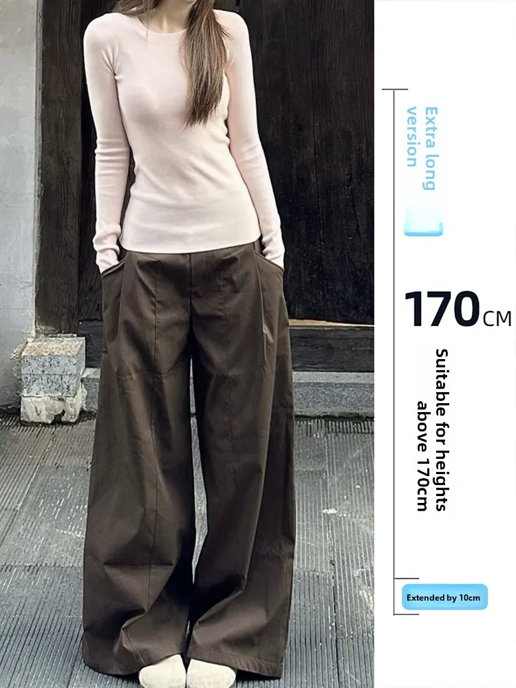 

High Waist Wide Leg Straight Cut Casual Pants for Women Vintage Coffee Color Pleated Loose Fit Trousers Spring Early Season
