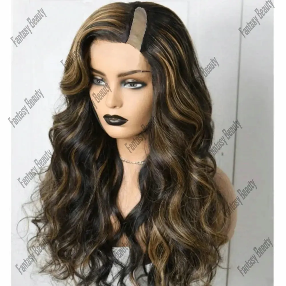 Highlight Brown Blonde 100% Human Hair Glueless 1x4 Size U/V Part Wigs Human Hair for Black Women 26 Inches Long Body Wave Wigs