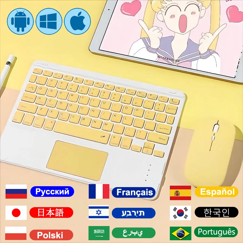 Touchpad Keyboard Bluetooth untuk iPad, Keyboard nirkabel Spanyol Rusia Hebrew Korea Bahasa Arab Ibrani Teclado untuk Android Samsung Tablet