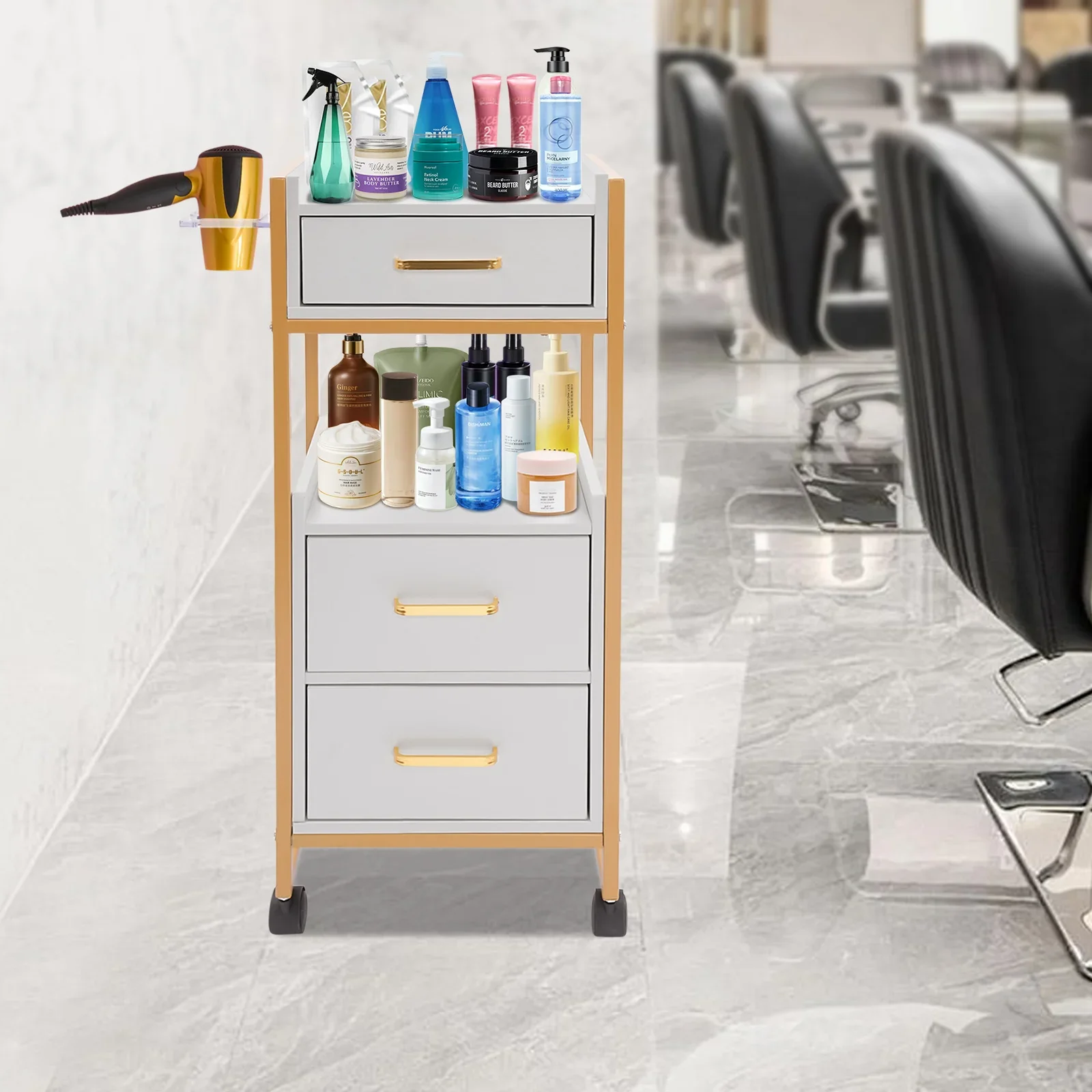 عربة صالون الحلاقة مع 3 أدراج وعجلات، منظم تخزين مستحضرات التجميل لخزانة الأدوات المتنقلة باللون الأبيض الذهبي لمصففي الشعر #4