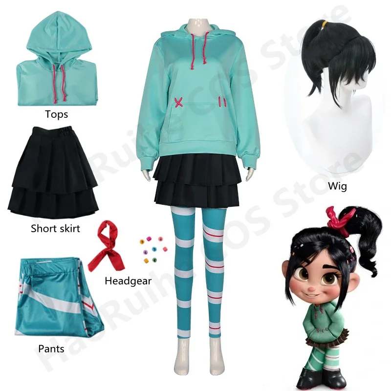 2025 NewAnime Vanellope Von Schweetz disfraz de Cosplay sudaderas con capucha falda peluca uniforme traje chica mujer ropa de actuación de Halloween AA