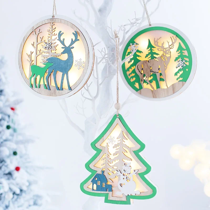 

Christmas Ornaments Round Wooden Elk Luminous Lighting Ornaments Christmas Tree Decoration Creative Christmas Ornaments