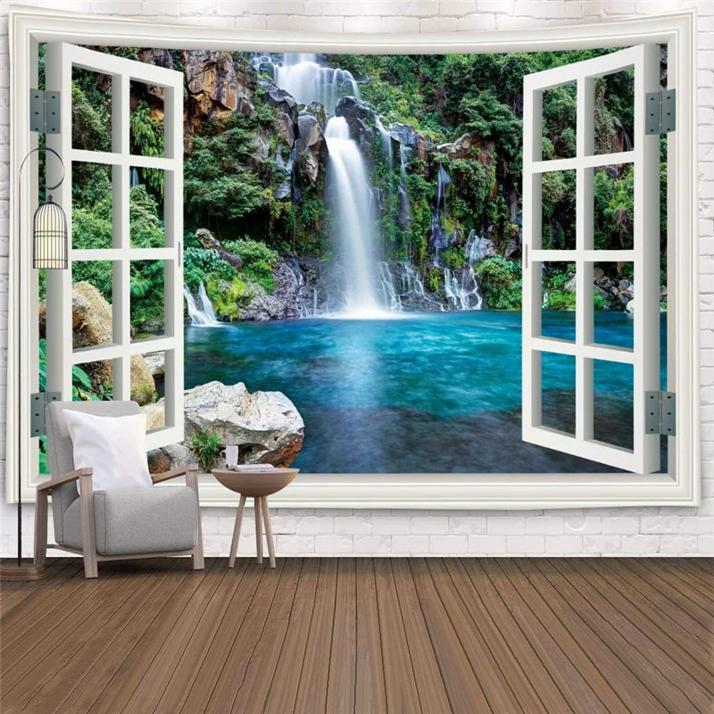 

Imitation Window Landscape Waterfall Tapestry Wall Hanging Tropical Tree Tapestries Art Home Decoration Sea Sunrise Dorm