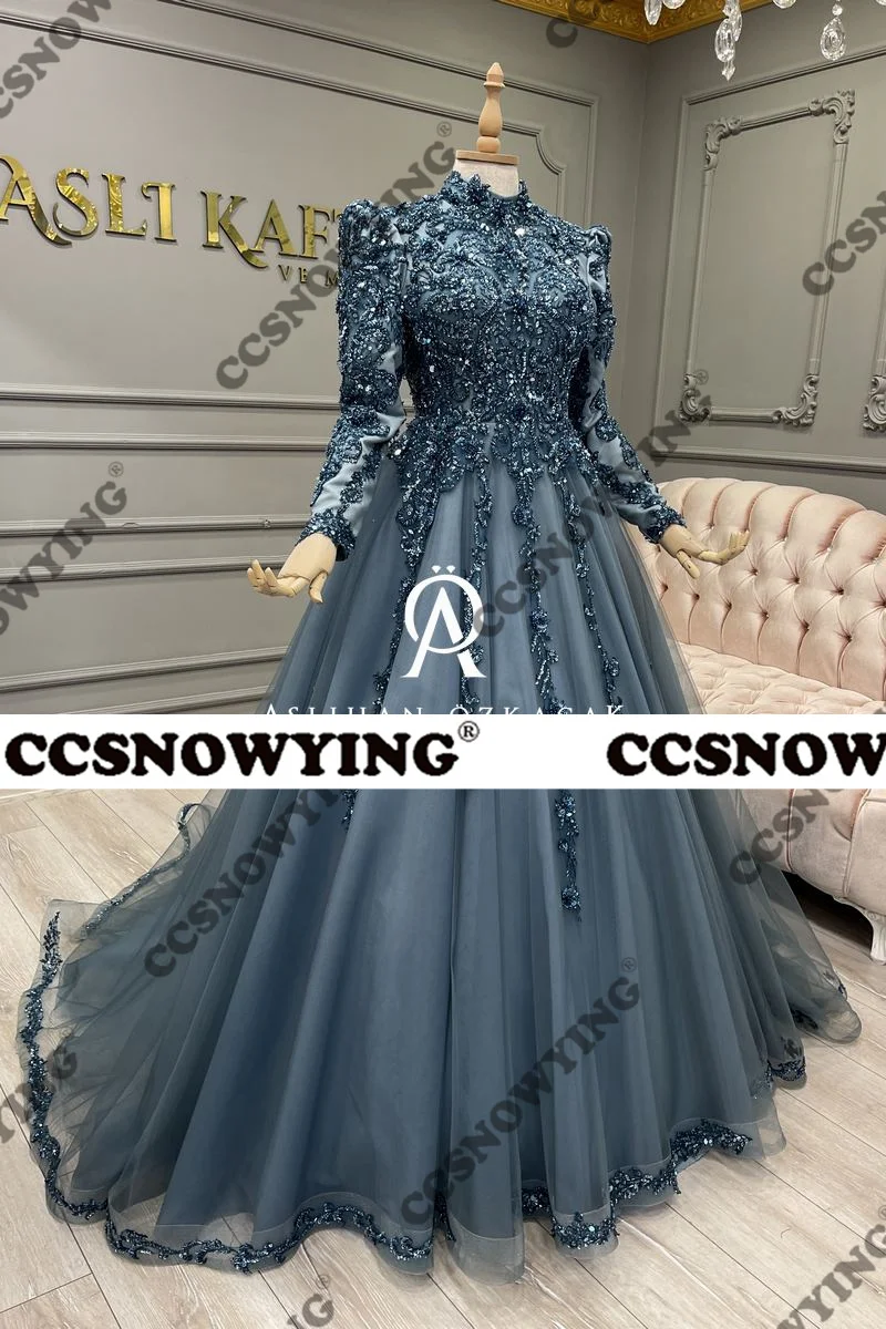 Luxus Tüll Applikationen Perlen muslimischen Hijab Abendkleider Arabisch Dubai Langarm High Neck formelle Party kleid Roben de Soirée