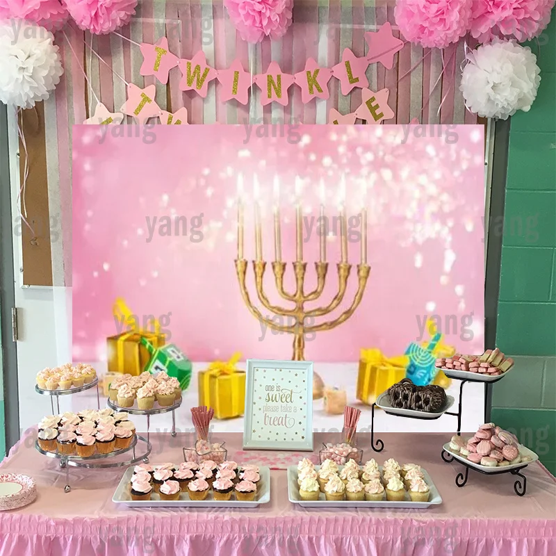 Glitter Pink Gift Food Backdrop Wall Happy Hanukkah Background Jewish Party Candle And Dots Cartoon Bedroom Decor Decoration