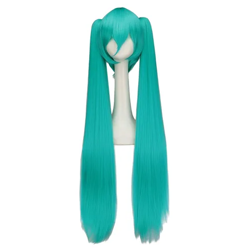 Imagen 2 del producto WHIMSICAL W pelo sintético Miku Cosplay peluca larga verde resistente al calor pelucas de fiesta con 2 clips pelucas de cola de caballo