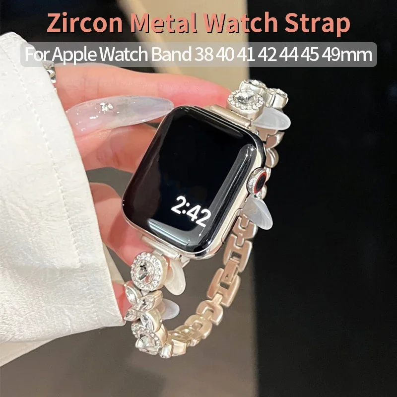 

Bling Diamond Zircon Strap for Apple Watch Band 44mm 40mm 42 45 41 49 Ladies Stainless Steel Bracelet for IWatch 9 8 7 SE 6 5 4