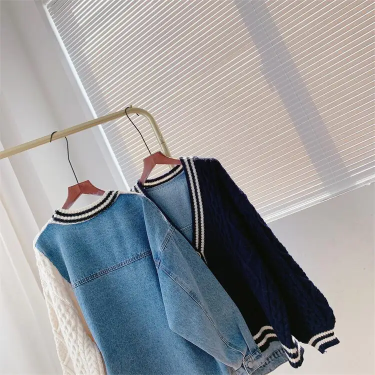 TANNT Women Cardigan Denim Sweater Patchwork Overcoat Ladies Oversized Coat Winter Autumn 2023 Spring Autumn knitted outwear