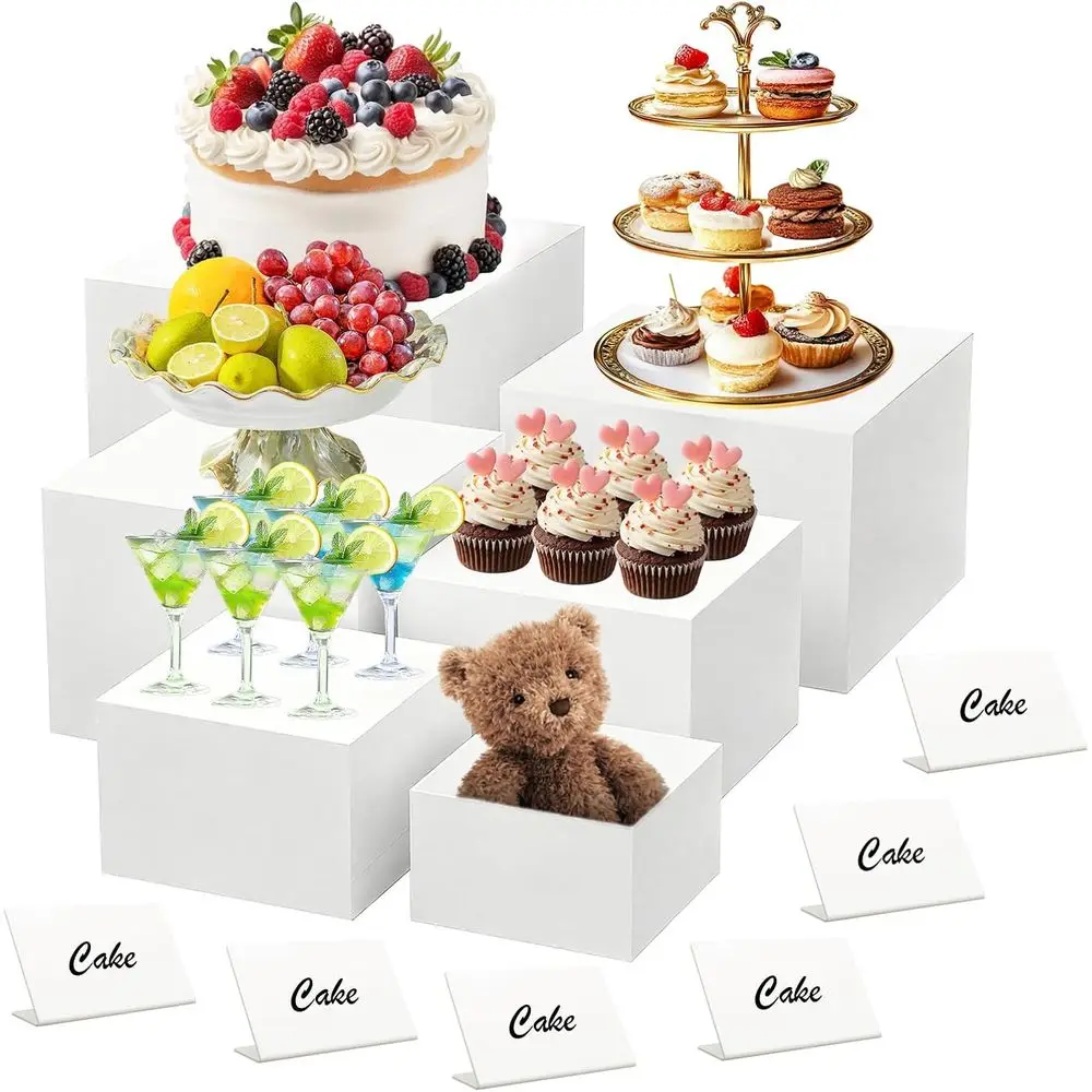 

6Pcs White Acrylic Buffet Risers with 6 Mini Signs, Nesting Food Display Stands for Buffet Table with Hollow Bottoms for Parties