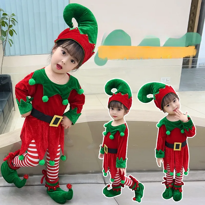 Kinder Mädchen Jungen Kinder Weihnachten Elfen Kostüme süße Outfits sind Schuhe Hut Kleid und gestreifte Socken Cosplay