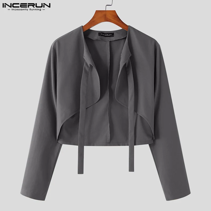 INCERUN Men Irregular Blazer Solid Color Lace Up Long Sleeve Open Stitch Streetwear Crop Suits Men 2024 Fashion Thin Coats S-5XL