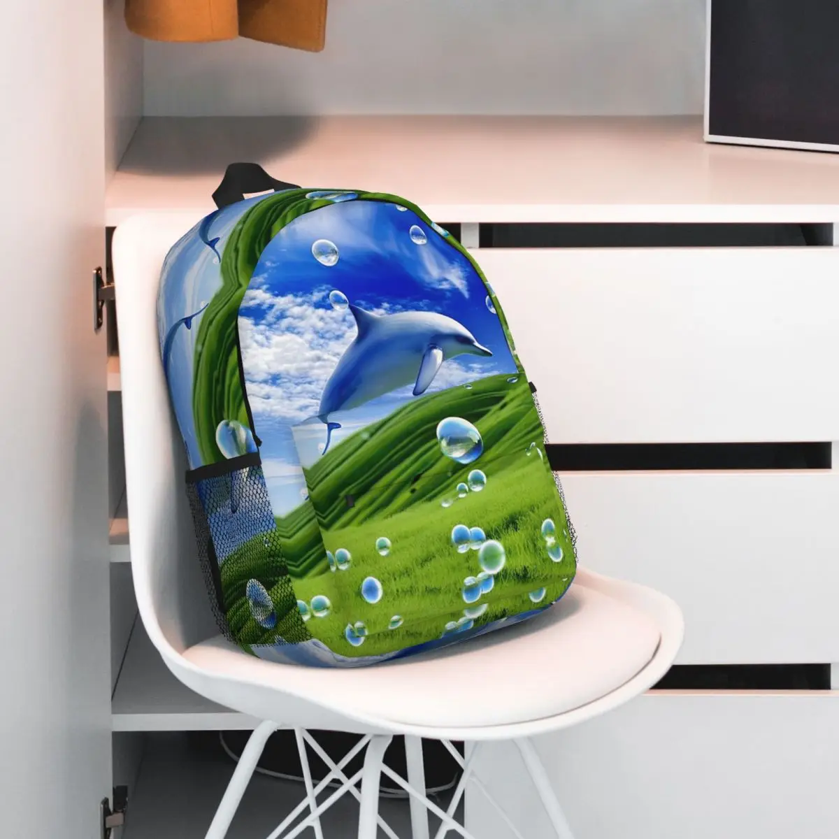 Frutiger Aero Dolphin Y2k Aesthetic Meadow With Bubbles And Mountains And Sky Backpack Daypack BookBag Shoulder Bags School Bag