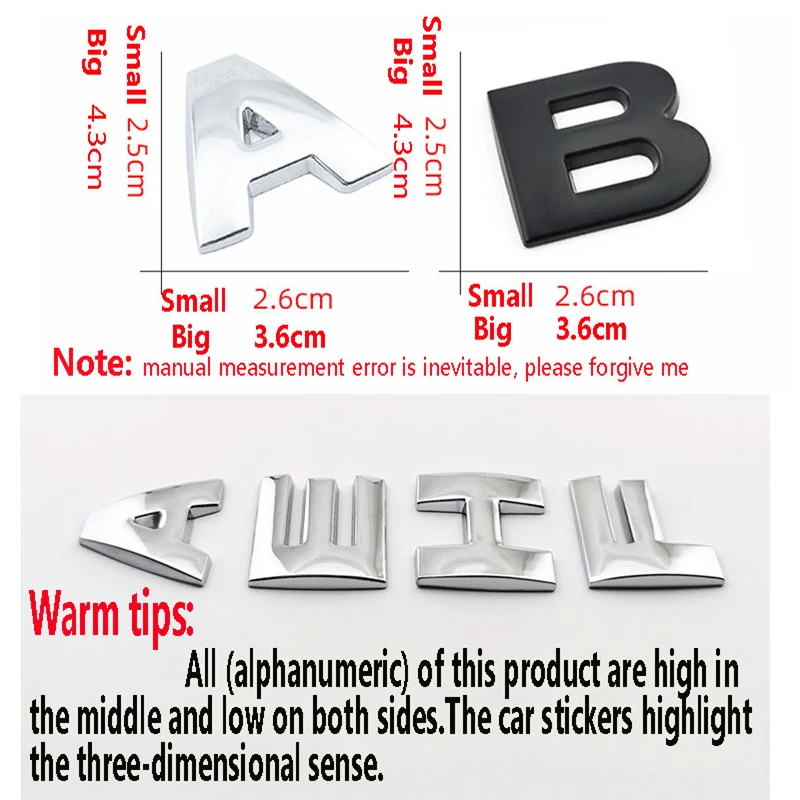 3D DIY Metal Letters Alphabet Emblem Decals Numbers Labeling Car Side Fender Sticker Rear Trunk Logo Digital Badge Accessories