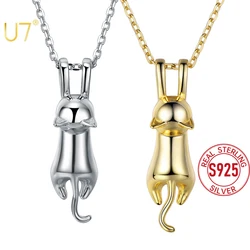 U7 925 Sterling Silver Stretched Cat Necklace for Women 18inches Rolo Chain Animals Chic Jewelry Gift for Cat Person SC36