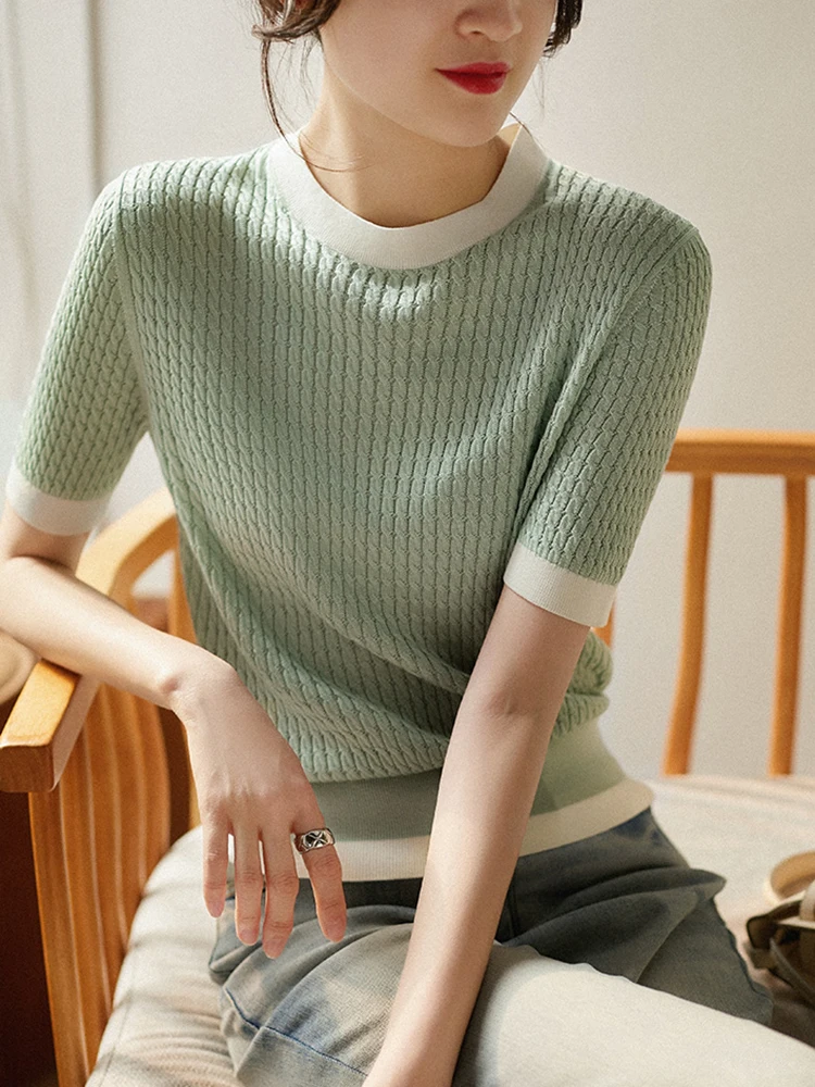 2024 Spring Summer New Short-sleeved Tshirt Women O-neck Contrast Color Top Pullover T-shirt Knitted Casual Clothes T Shirts