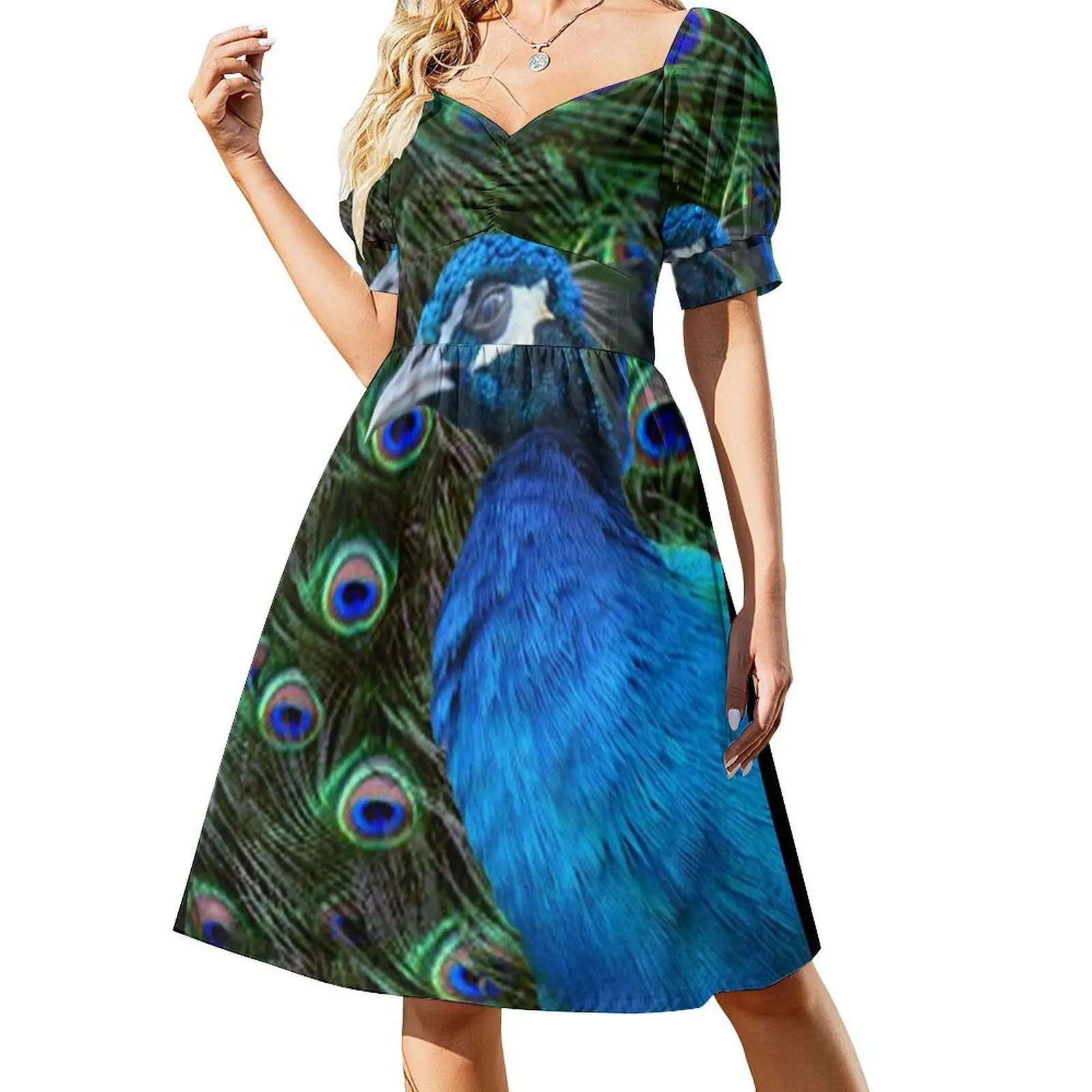 

Peacock and Feather Short Sleeved Dress Female clothing Long veiled dresses Dress